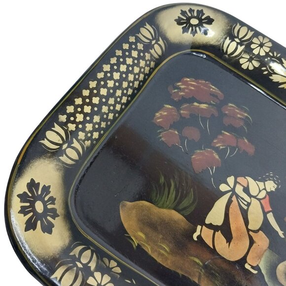 Vintage Metal Toleware Tray Woman Feeding Swan Black Gold Mid-Century Hand Paint - Picture 2 of 9